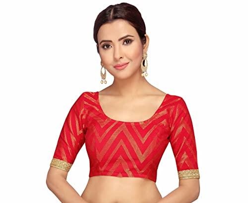 studio shringaar women's benaras brocade elbow length sleeves saree blouse (red, 34)