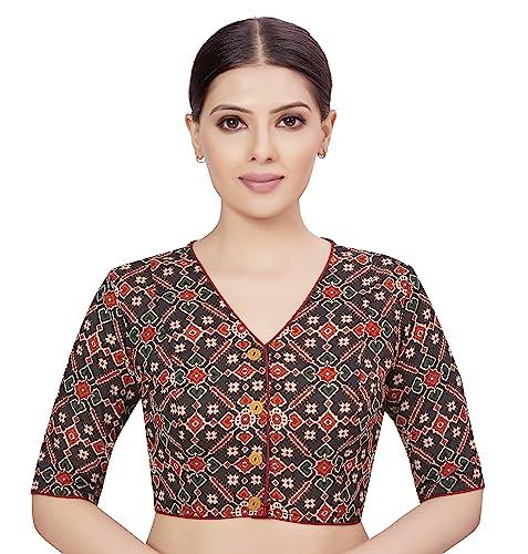 studio shringaar women's black cotton printed readymade elbow length sleeves saree blouse(black,36)