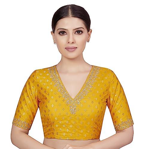 studio shringaar women's brocade embroidered v-neck readymade saree embroidery sleeve blouse (yellow, 42)
