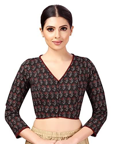 studio shringaar women's cotton 3/4 sleeves block printed cotton v neck saree blouse (black, 36)