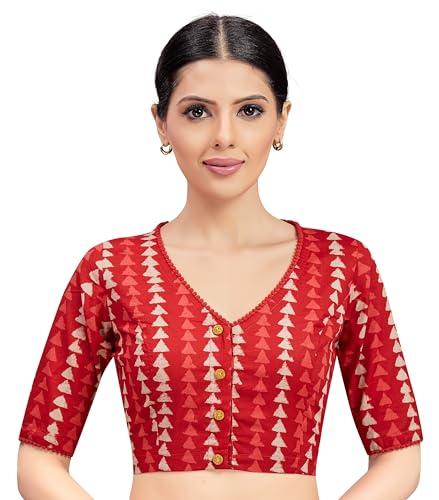 studio shringaar women's cotton block printed elbow length sleeves saree blouse(red, 38)
