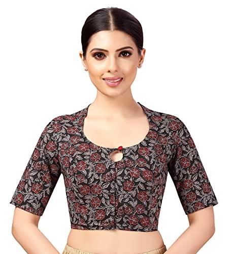 studio shringaar women's cotton elbow length sleeves earthy kalamkari printed saree blouse(black, 38)