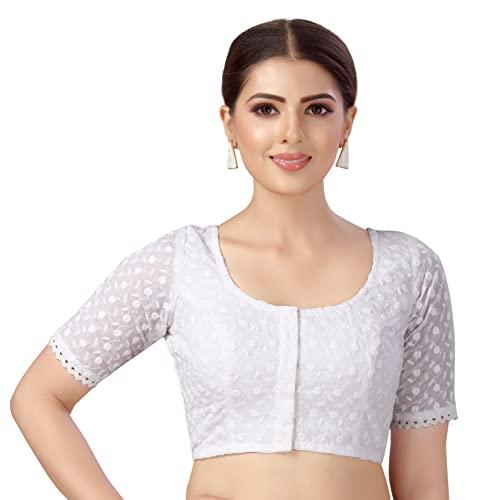 studio shringaar women's cotton half sleeves chikankari saree blouse (38, white)