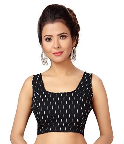 studio shringaar women's ikat cotton readymade saree blouse with sleeveless (black, 34)