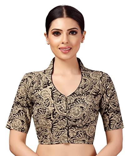 studio shringaar women's kalamkari printed with elbow length sleeves readymade saree blouse (black, 38, cotton)