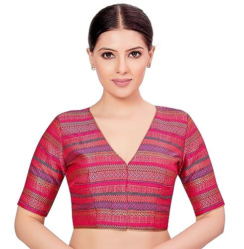 studio shringaar women's multi-coloured brocade readymade elbow length sleeves saree blouse (multi-color, 40)