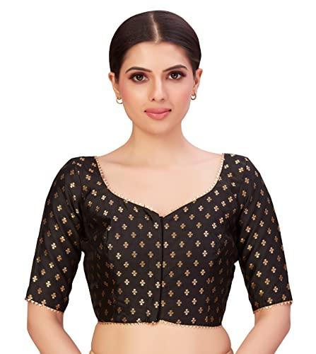 studio shringaar women's polyester elbow length banarasi elbow length sleeves saree blouse(black, 42)