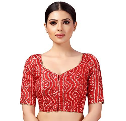 studio shringaar women's polyester elbow length sleeves bandhani print silky saree blouse(red, 36)