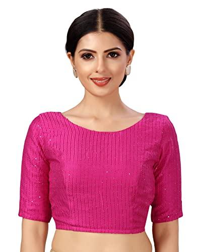 studio shringaar women's polyester elbow length sleeves chanderi cotton silk sequin embroidered saree blouse(pink, 34)