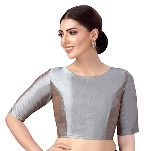 studio shringaar women's polyester elbow length sleeves plain coloured saree blouse(grey, 42)