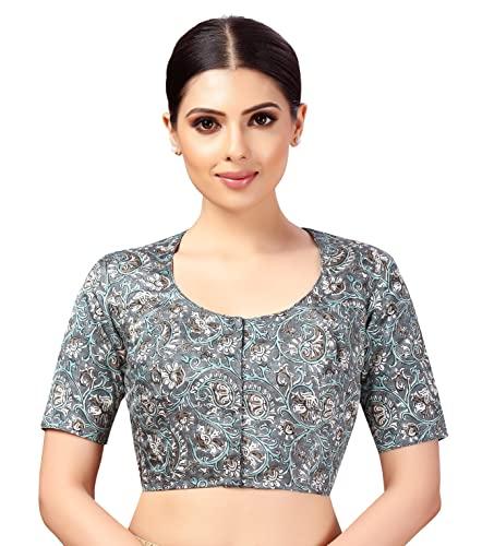 studio shringaar women's polyester readymade tassar silk kalamkari printed saree blouse with short sleeves(grey, 42)