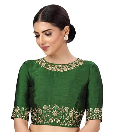 studio shringaar women's readymade art silk embroidered saree blouse with elbow length sleeves (green, 40)