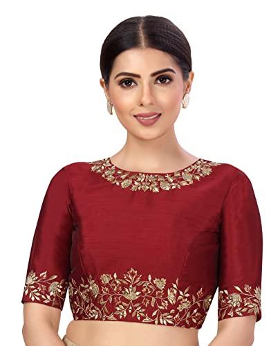 studio shringaar women's readymade art silk embroidered saree blouse with elbow length sleeves (maroon, 42)