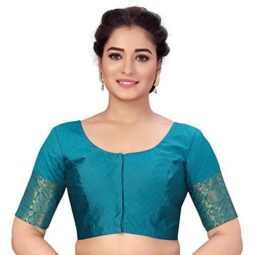 studio shringaar women's readymade brocade saree blouse with kanjivaram border elbow length sleeves(rama green, 38)