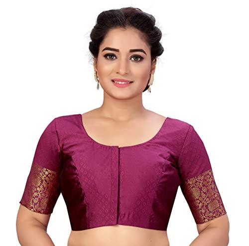 studio shringaar women's readymade brocade saree blouse with kanjivaram border elbow length sleeves(wine, 42)