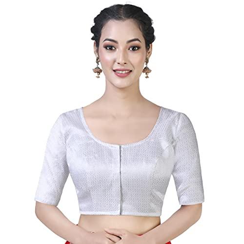 studio shringaar women's readymade brocade zari elbow length sleeves saree blouse (silver, 42)