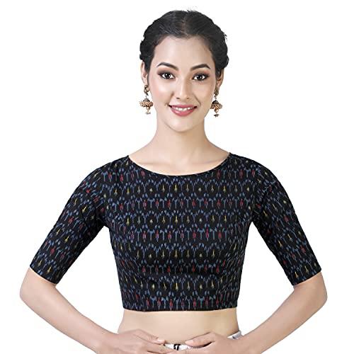 studio shringaar women's readymade cotton block printed elbow length sleeves saree blouse (black, 34)