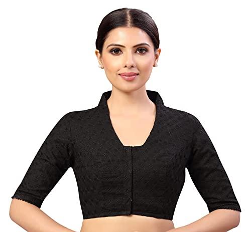 studio shringaar women's readymade cotton chikankari glass neck saree blouse with elbow length sleeves (black, 40)