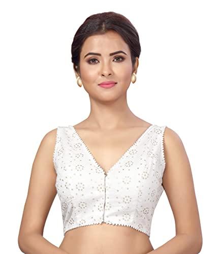 studio shringaar women's readymade cotton chikankari padded sleeveless saree blouse (white, 34)
