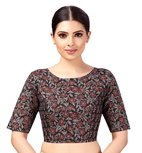 studio shringaar women's readymade cotton elbow length sleeves block printed boat neck saree blouse (black & maroon, 34)