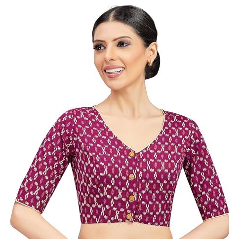 studio shringaar women's readymade cotton ikat printed saree blouse with elbow length sleeves (wine, 38)