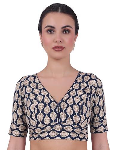 studio shringaar women's readymade cotton katha printed saree blouse with elbow length sleeves (navy blue,36)