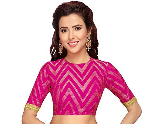 studio shringaar women's readymade hot pink banaras brocade saree blouse with elbow length sleeves (pink, 40)