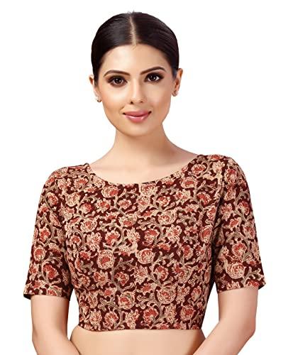 studio shringaar women's readymade kalamkari printed cotton boat neck saree blouse (maroon, 36, elbow length sleeves)