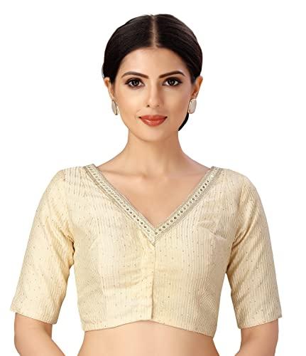 studio shringaar women's readymade polyester elbow length sleeves saree blouse with mirror work (gold, 44)