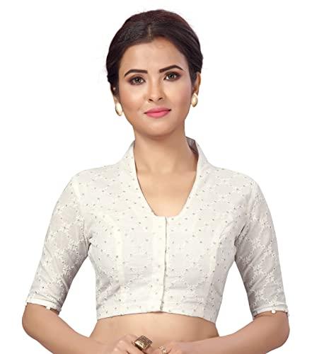 studio shringaar women's readymade pure cotton saree blouse with elbow length sleeves (size 34), white
