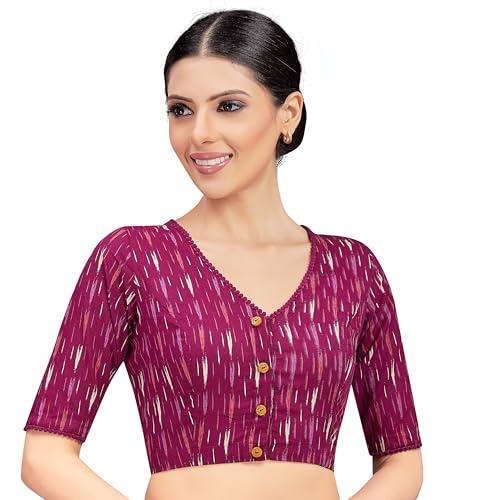 studio shringaar women's wine cotton ikat printed elbow length sleeves saree blouse (wine, 44)