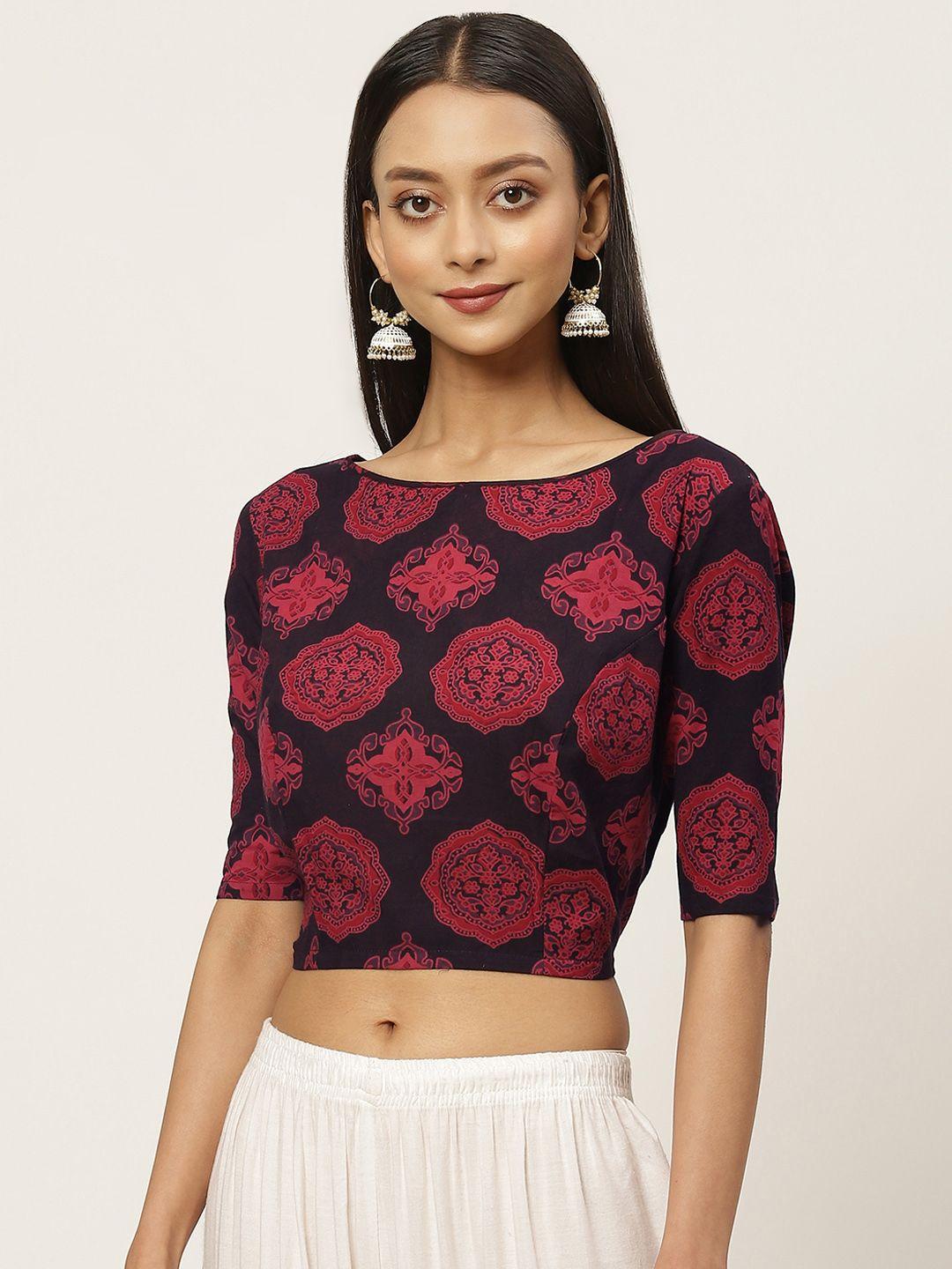 studio shringaar women red & black printed pure cotton saree blouse