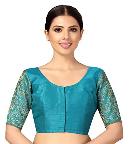 studio shringaar womens elbow length sleeves silky saree blouse with brocade sleeves(firozi, 50)