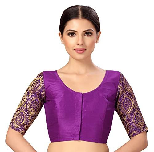 studio shringaar womens elbow length sleeves silky saree blouse with brocade sleeves(purple, 48)