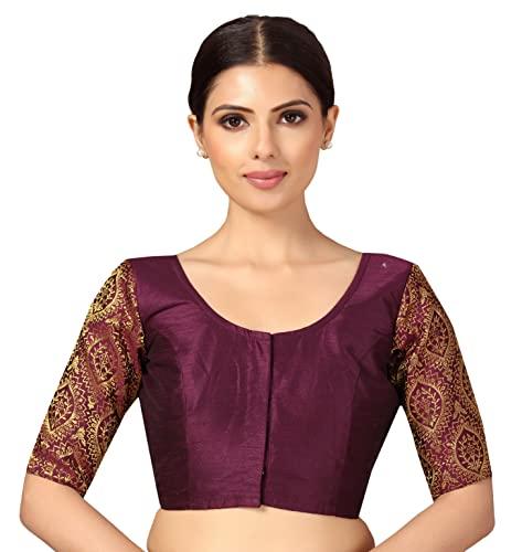 studio shringaar womens elbow length sleeves silky saree blouse with brocade sleeves(wine, 40)