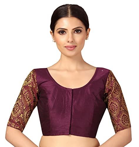 studio shringaar womens elbow length sleeves silky saree blouse with brocade sleeves(wine, 44)