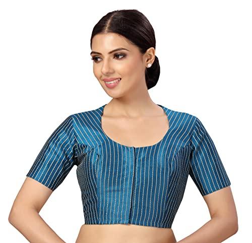 studio shringaar womens polyester short sleeves handloom silk saree blouse(firozi, 38)