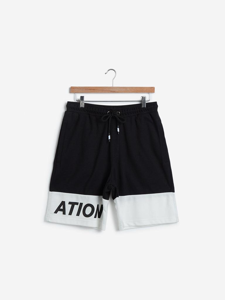 studiofit black text print slim fit shorts