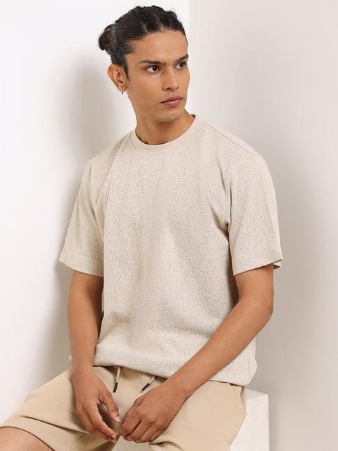 studiofit by westside beige self-patterned relaxed fit t-shirt