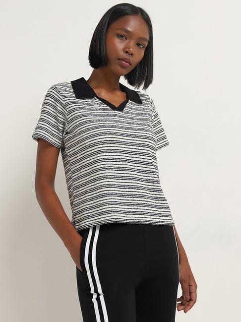 studiofit by westside black & white stripe printed cotton blend t-shirt