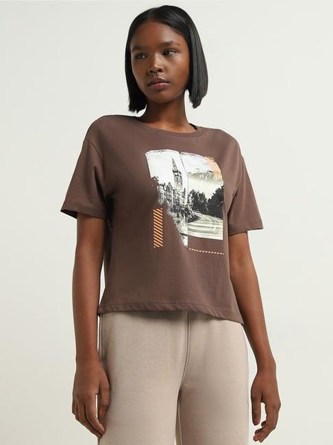 studiofit by westside dark brown cityscape design cotton blend t-shirt