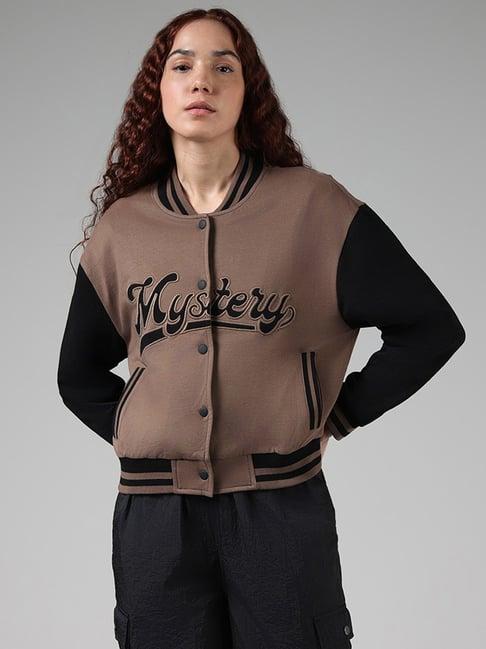 studiofit by westside dark brown typographic printed crop jacket