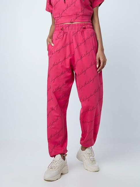 studiofit by westside fuchsia text-printed joggers