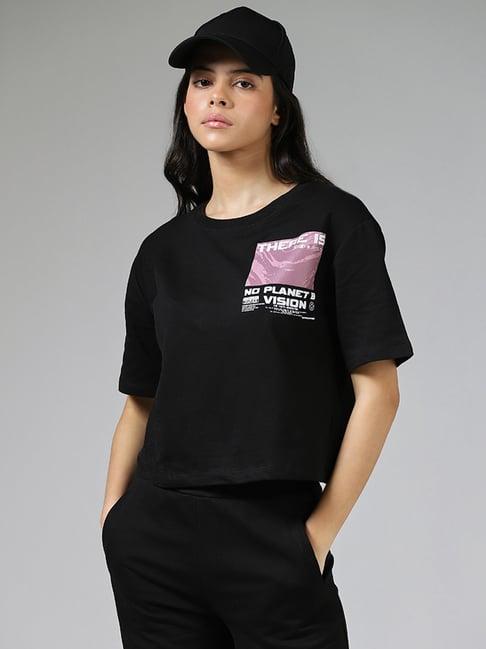 studiofit by westside graphic printed black over-sized crop t-shirt