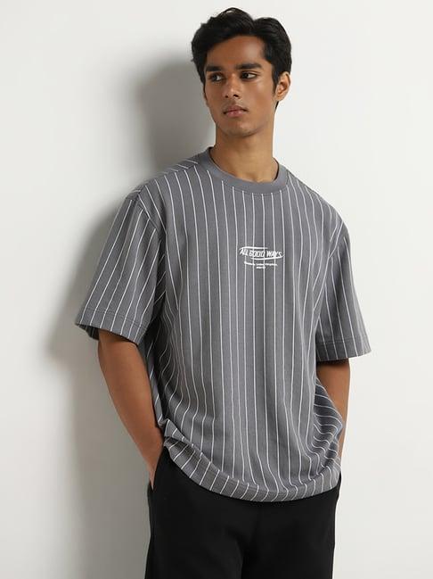 studiofit by westside grey stripe printed relaxed-fit t-shirt