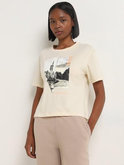 studiofit by westside light beige cityscape design cotton t-shirt