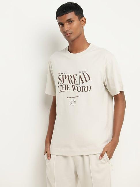 studiofit by westside light beige text printed relaxed fit t-shirt