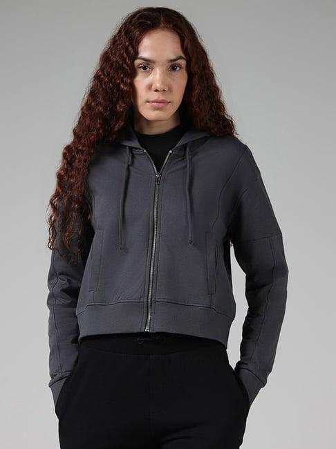 studiofit by westside solid charcoal grey crop hoodie jacket