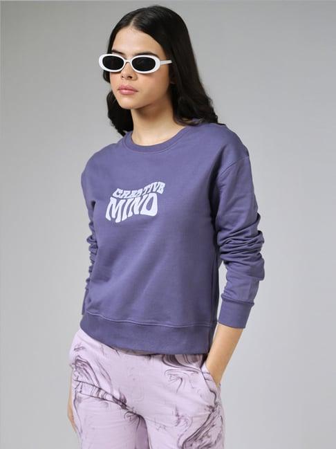 studiofit by westside typography printed light purple ribbed sweatshirt