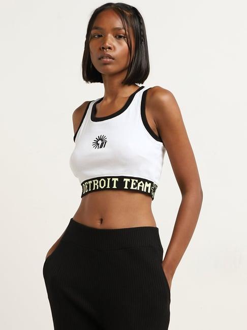 studiofit by westside white & black text printed crop top